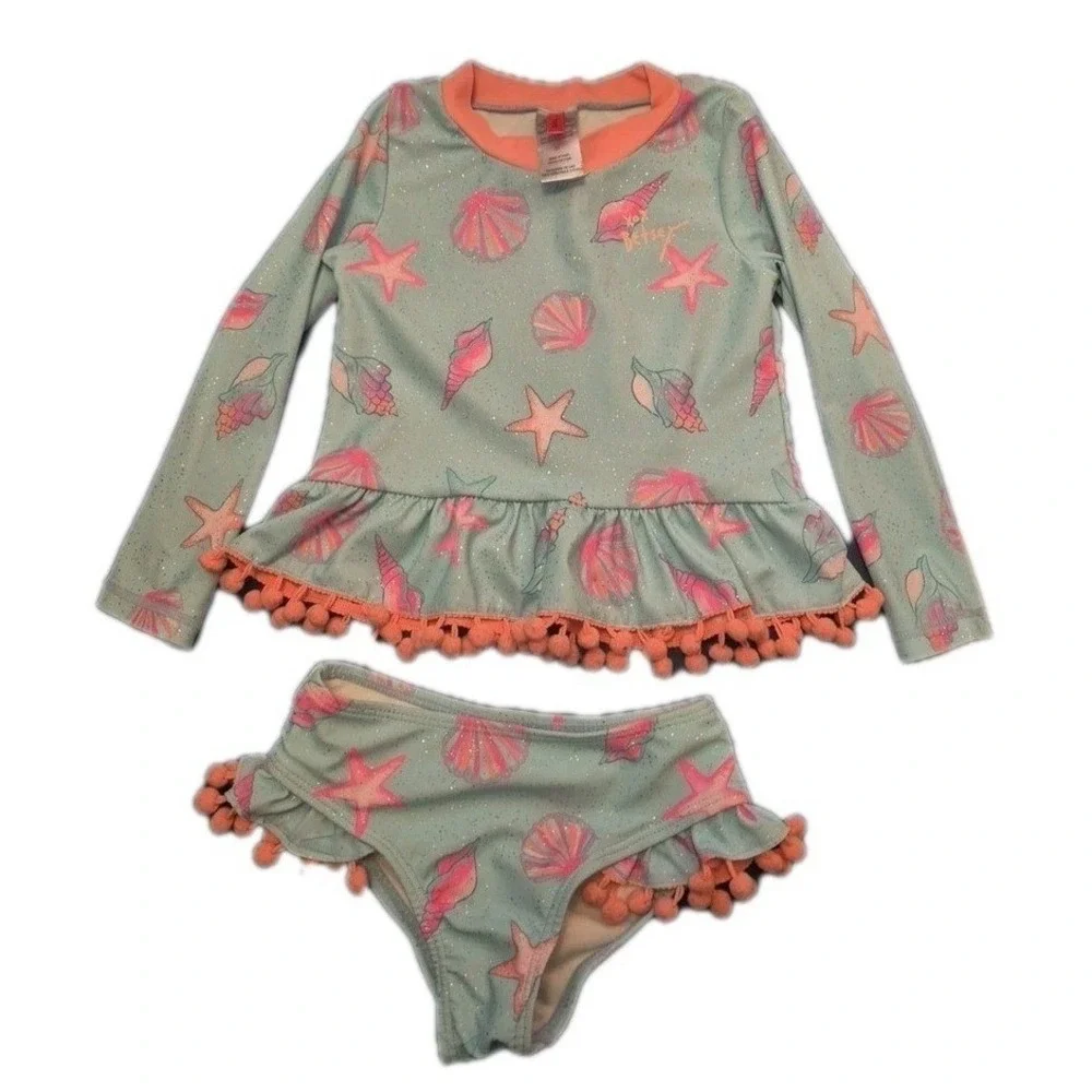 Betsey‎ Johnson Girl's 3T L/S   2 Pc Rash Guard Tankini Swimsuit Blue Sea Shell